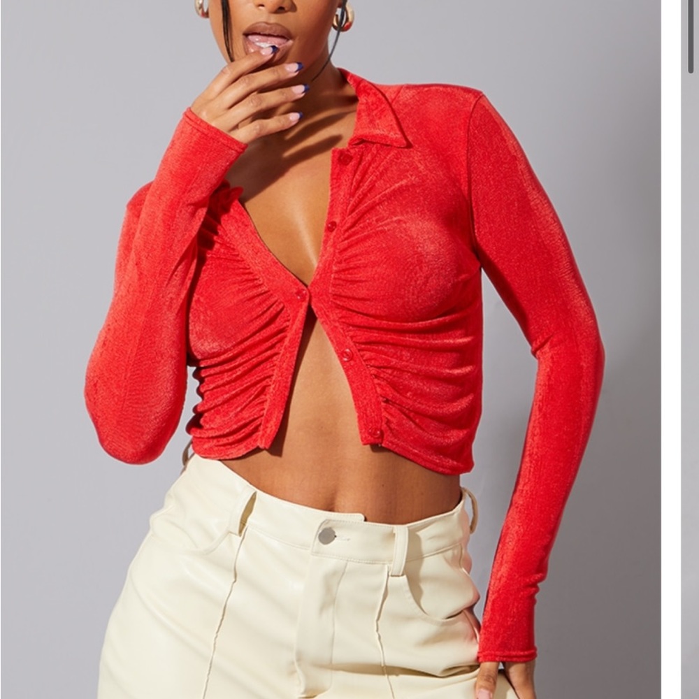 Pretty Little Thing. Red button long sleeve crop top.